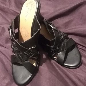 Black leather wedges